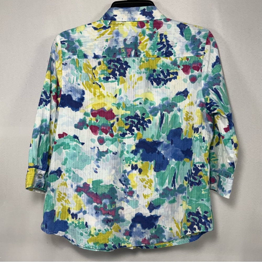 Watercolor Floral Karen Scott Petite Cotton Button Front Top Size LP Large Petit - Picture 3 of 8